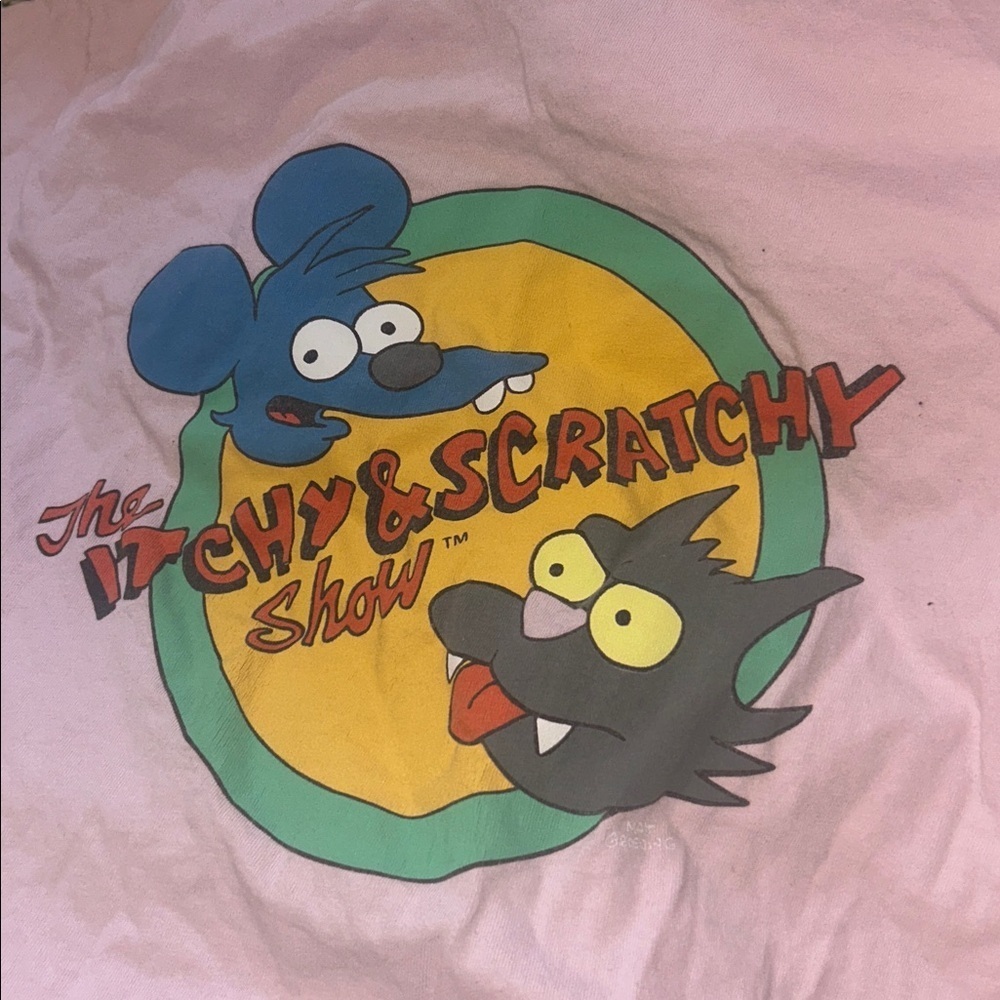 100% cotton Pink Itchy Scratchy Show graphic T-Shirt tee shirt simpsons retro - Picture 3 of 5